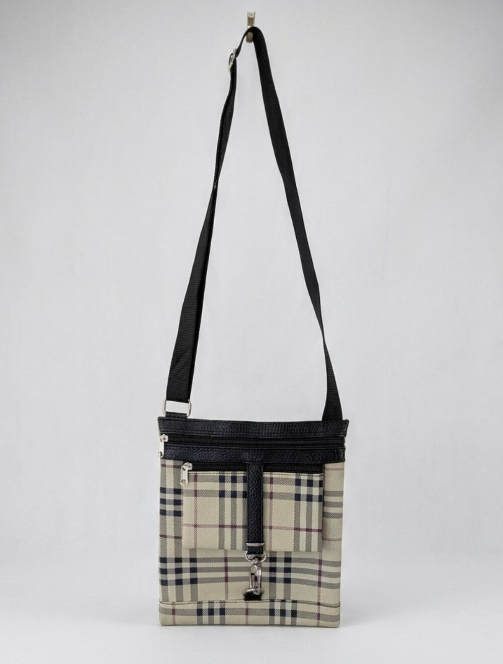 Vintage plaid Crossbody Bag Faux Leather Trim Messenger Purse